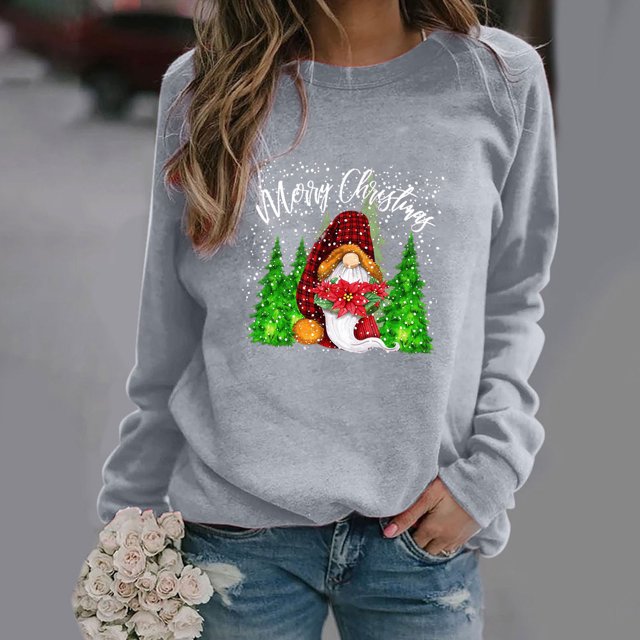 EGNMCR Chandail en Molleton de Noël Mode Femme Ample Imprimé de Noël Col Rond