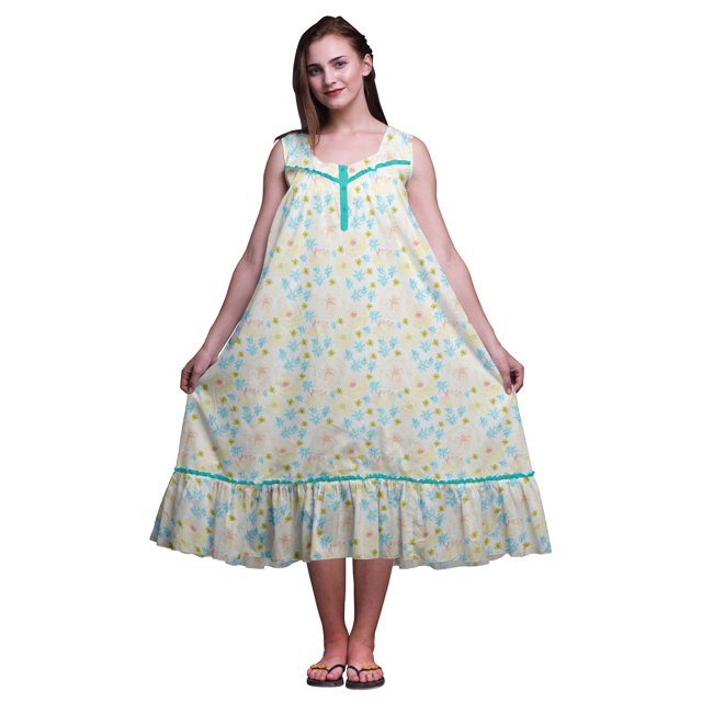 Bimba Robe de Nuit Sans Manches Turquoise Verte à Fleurs pour Femmes, Coton Imprimé, Vêtement de Nuit pour Dames, Grande
