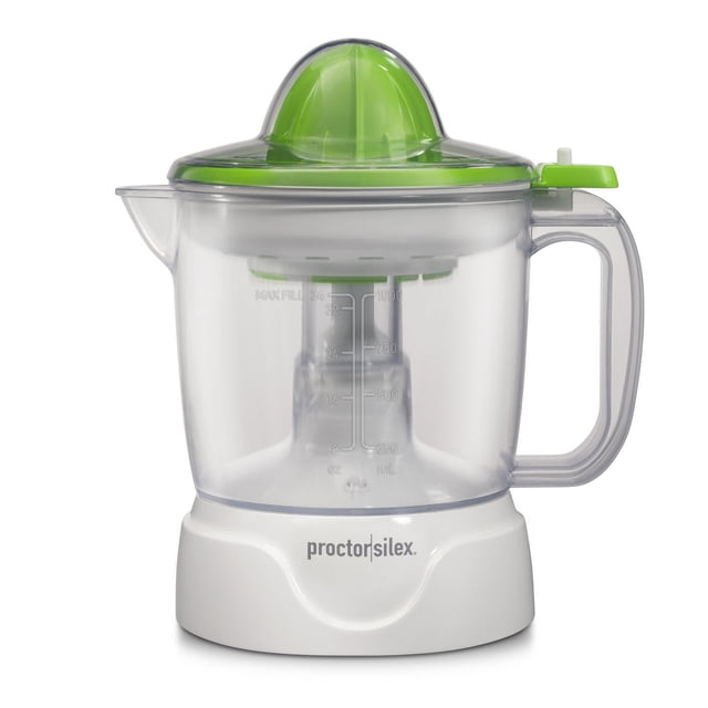 Proctor Silex Extracteur d'Agrumes Électrique 66337 avec un Pichet Transparent de 34 oz Marqué en Onces et en Millilitres, base Blanche avec logo, Alésoir Vert à Double Taille pour l'Extraction de Jus de Petits à Grands Agrumes, et Cadran de Contrôle de Pulpe Ajustable.