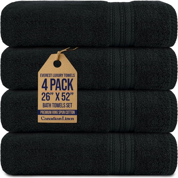 Canadian Linen Everest Serviettes de Bain de Luxe, 26” X 52”, Lot de 4, Serviettes 100 % Coton à Séchage Rapide, Douces, Absorbantes et Légères pour la Maison, Salons de Coiffure, Spa, Noir