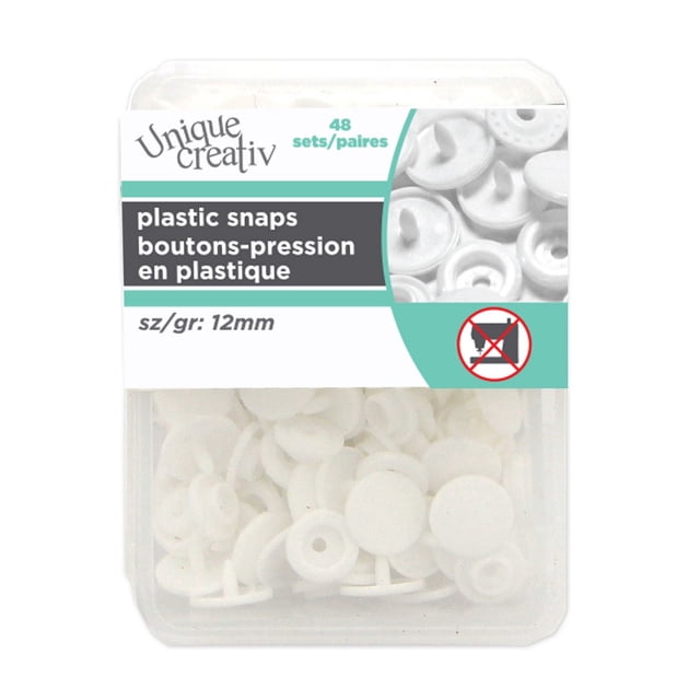 UNIQUE Plastic Snap Fasteners, White, Size 2 – 12mm, 48 sets in clear plastic box containing white plastic snaps for sewing notions and craft accessories, suitable for quick-close fasteners on garments and home décor projects.