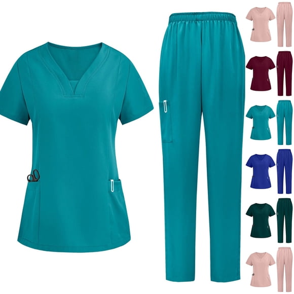 Up to 50% off Horkkom Scrubs for Women Set Solid Color Comfy Nurse Uniforms Set Short Sleeve V Neck with Pockets Elastic Waist Long Pants Nursing Scrubs Sets Blue XXL