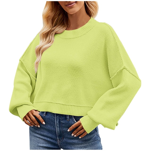 Timegard Chandails pour Femmes, Col Rond Court, Manches Longues, Épaules Tombantes, Chandail d'Automne Ample, Hauts Tricotés