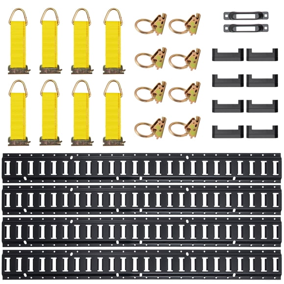 KFFKFF E Track Securing System,30-Item 5FT E-Track Bundle Comprising 4 Metal Tracks,2 Single Slots,8 O Rings, 8 D-Ring Tie-Offs & 8 End Caps, Essential Fixing Tools for Cargo, Motorbikes,and Bicycles