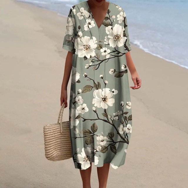 Ovzne Robes pour Femmes 2025 Robe de Plage Robes d'Été pour Femmes avec Poches Imprimées Robes Amples à Col en V Manches Courtes Robes de Printemps Manches Courtes Imprimées en Liquidation