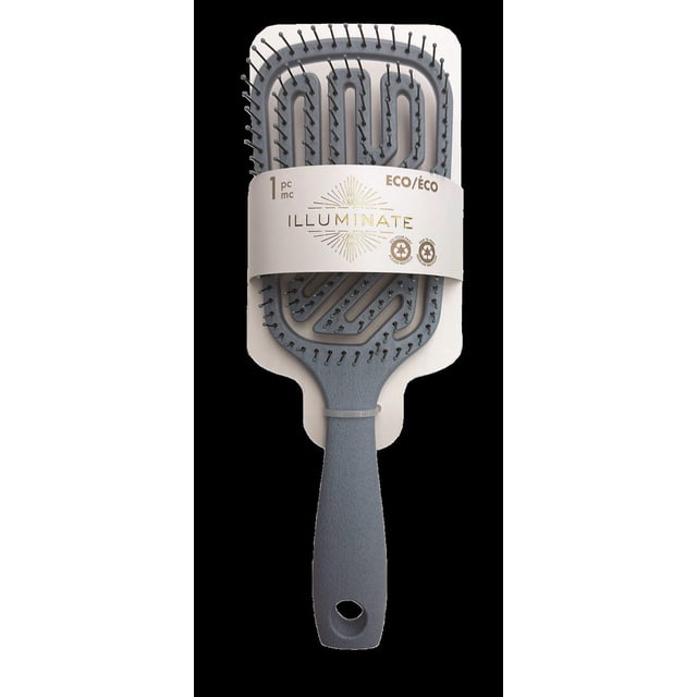 Illuminate square hair brush in matte grey with open vent design and flexible bristles, featuring a textured ergonomic handle and eco-friendly packaging with gold foil branding, ideal for hair detangling and smoothing, also suitable for gently massaging the scalp.