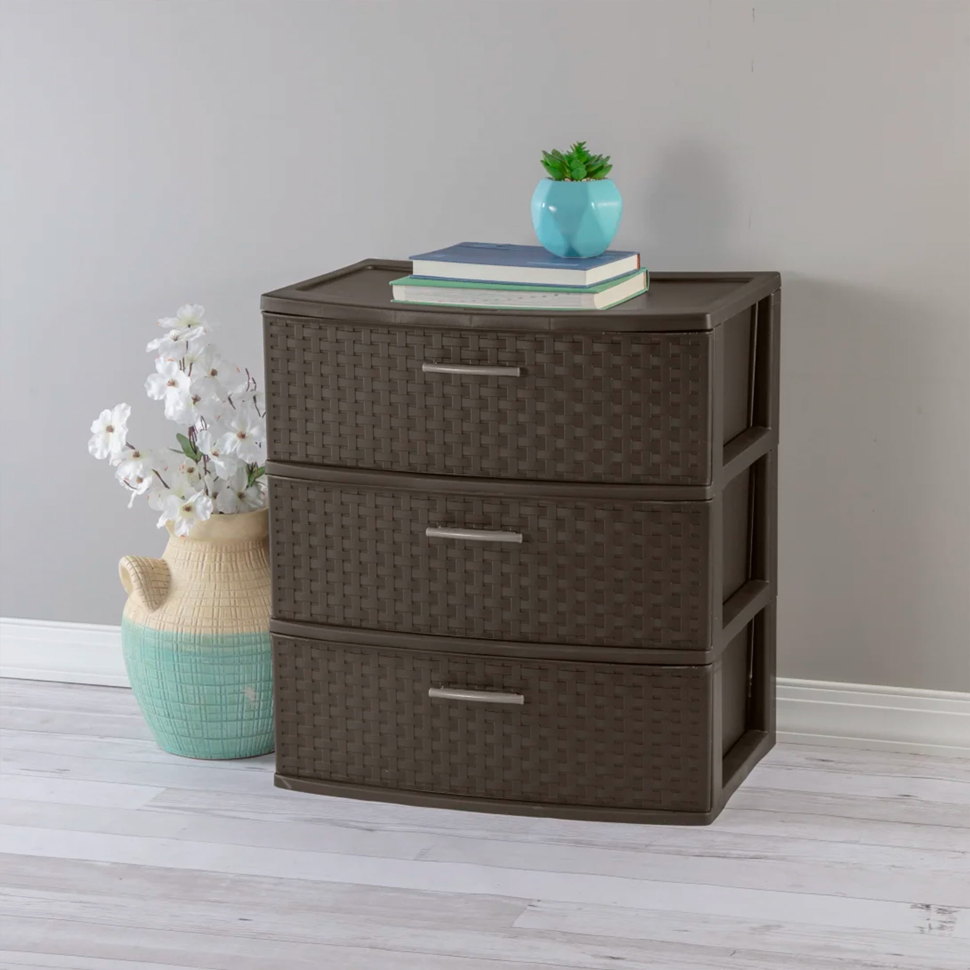 Sterilite 3 Drawer Wide Storage Tower, Plastic Weave Home Organizer, Espresso