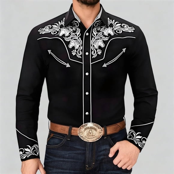 Men's Western Western Cowboy Shirt in Casual Everyday Wear with Long Sleeve and Embroidered Detail for Versatile Seasonal Styling