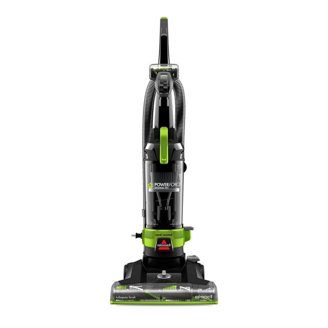 BISSELL® PowerForce® Rewind Pet Bagless Upright Vacuum in black and green with a clear Easy Empty™ dirt tank, automatic cord rewind, and turbopass brush roll, designed for efficient pet hair and dirt removal on floors and stairs.