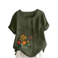 thumbnail image 3 of QATAINLAV Hauts d'Été pour Femmes Décontractés en Coton et Lin T-Shirts à Manches Courtes Col Rond Chemise T-Shirts Graphiques Floraux Surdimensionnés Tenues de Vacances à la Plage en Liquidation Liquidation Vert Armée TTTTG, 3 of 5
