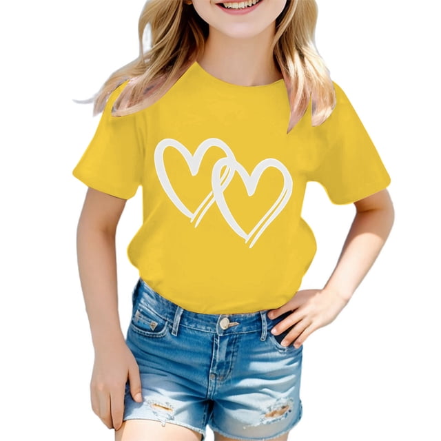 PMVFHDE T-Shirt d'Été pour Filles à Imprimé Graphique Mignon, Col Rond, Manches Courtes – Haut Décontracté Respirant pour Enfants, Jeux Extérieurs, T-Shirt Décontracté d'Été Jaune, 9-10 Ans