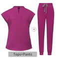 thumbnail image 2 of Ensemble de Sarraus pour Femmes, Haut de Sarrau Extensible à Col Montant et Pantalon Jogger à Cordon avec Multiples Poches, Anti-Froissement, Uniforme de Travail Infirmier, Col Montant, Uniforme Confortable, Rose Vif, 2 of 5