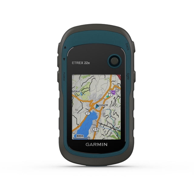 Garmin eTrex 22x rugged handheld GPS in blue with a 2.2-inch sunlight-readable color display showing a detailed TopoActive map with roads, trails, waterways, and points of interest, featuring side buttons for menu, back, and light, ideal for outdoor navigation and off-grid use.