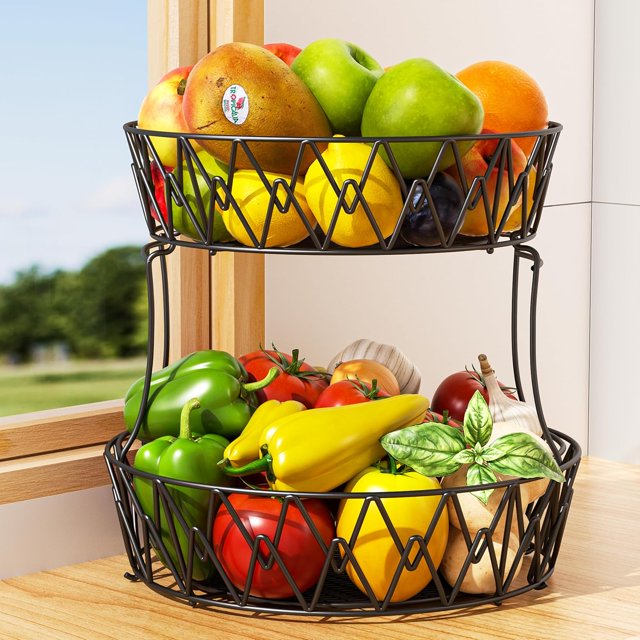 Wire Fruit Basket for Kitchen Counter Corner Fruit Stand Stackable Two Vegetable Holder for Kitchen Countertop Metal Fruit Rack Storage For Fruits Veggies Snacks Onions Round
