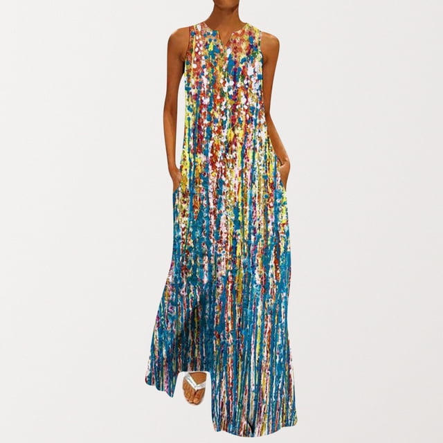 Robes de Demoiselle d'Honneur Femmes Mode Col en V Sans Manches Été Soirée Fête Imprimé Dames Poche Gilet Longue Robe Robes Décontractées pour Femmes en Liquidation