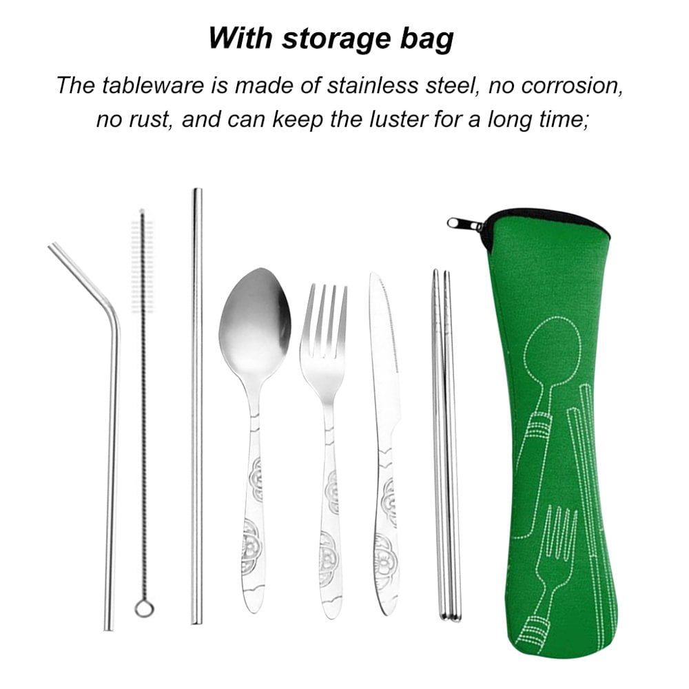 Travel Utensils Set  8pcs/set Stainless Steel Flatware Set Reusable Cutlery Set Portable Camping Dinnerware Set with Green Storage Bag  for Workplace Camping School Picnic - by