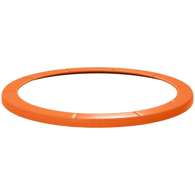 Soozier 14ft trampoline pad in bright orange, circular segmented high-density foam cover designed for garden trampolines with round frames, attaches securely with elastic ropes to protect springs and edges during trampolining exercise.