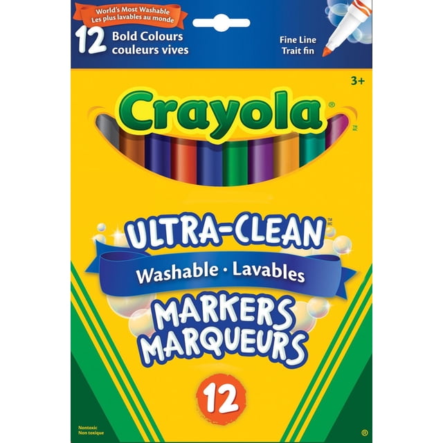 Crayola Ultra-Clean Washable Fine Line Markers, Classic Colours, 12 Count in yellow and green packaging with a clear window showing 12 fine tip markers in bold colours, featuring non-toxic, washable ink for kids aged 3 and up, ideal for precise drawing and colouring in arts and crafts projects.