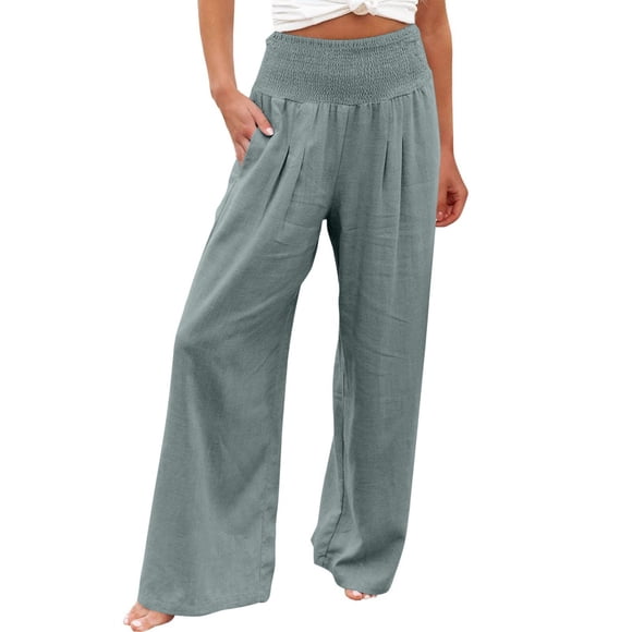 Pantalon Jambe Grand pour Femmes Grande Taille Décontracté Couleur Unie Confortable Taille Haute Pantalon pour Femmes Mode Coupe Ample Quotidien Tendance Pantalon pour Femmes Droit Léger Fête Vacances Plage Pantalon (Bleu, M)