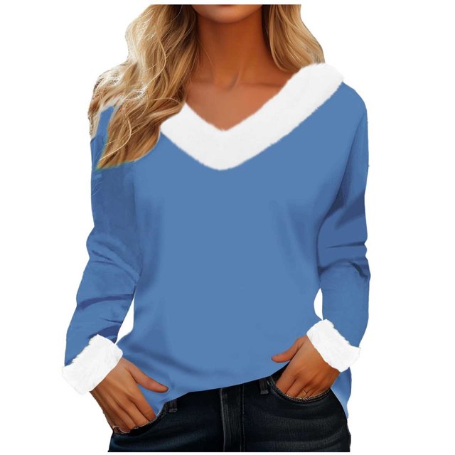 Timegard Hauts pour Femmes Noël Col en V Confortable Blouse à Manches Longues Automne Hiver Mode Décontractée Couleur Unie