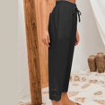 thumbnail image 4 of JUNWELL Women‘s Cotton Linen Lace Patchwork Design High Waist Drawstring Pocket Button Nine-Point Pants Long Pants Black 4, 4 of 9