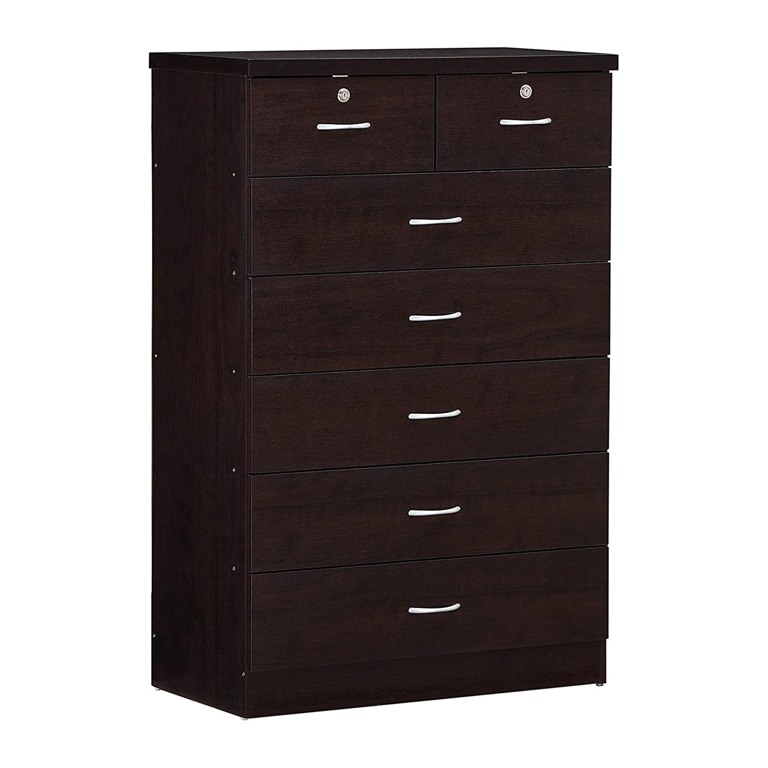 Hodedah 7 Drawer Wooden Jumbo Dresser Chest with 2 Top Locks, Chocolate