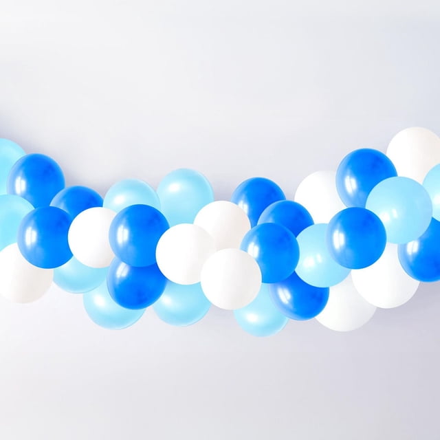 Way to Celebrate! 40 count Balloon Garland Pack, 12inch - Blue, White with 40 blue, light blue, and white latex balloons attached to a 2.5m plastic strip, designed for easy assembly as party supplies and balloon accessories, suitable for birthdays, baby showers, and summer celebrations.