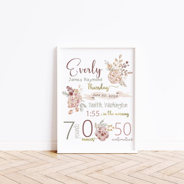 Framed Print, Floral Birth Stat, Baby Gift, Gift for new parents