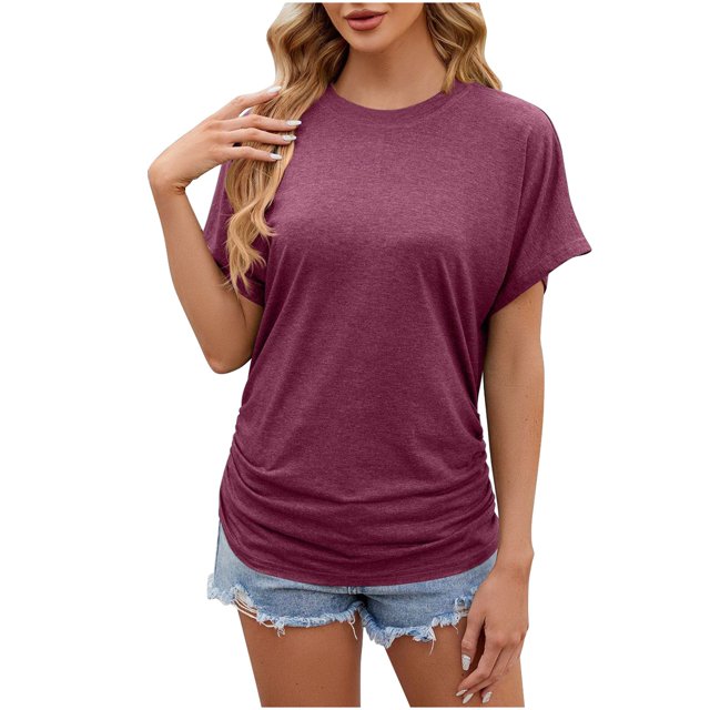 FAIWAD Women's Short Sleeve Summer Tunic Tops Casual Round Neck Basic Solid Color Stretch Pullover Tops