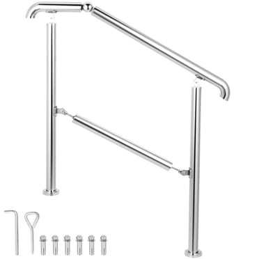 VEVOR Main Courante Transitionnelle en Acier Inoxydable Compatible avec Surface de Niveau et Escalier Réglable de 1 à 3, Rampes d'Intérieur et d'Extérieur, Capacité de 220 Lb avec Trousse d'Installation, Porche Bricolage, Argent