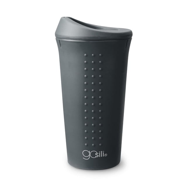 GoSili To-Go Cup, 16oz. Charcoal reusable silicone travel mug with a matte charcoal finish, vertical raised dot grip, and spill-resistant lid, made from 100% European-grade platinum silicone with embedded stainless-steel ring, dishwasher and microwave safe, ideal for sustainable coffee or tea on the go.