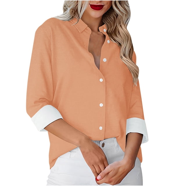 Besolor Button Down Shirts for Women Solid Color Long Sleeve Colared Tops Loose Office Blouses for Casual Work