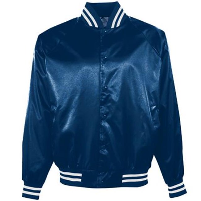 3610A Satin Baseball Jacket-Striped Trim, Navy & White - Medium
