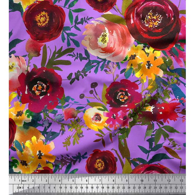 Soimoi Purple polyester Crepe Fabric Leaves & Pink Floral Print Sewing Fabric BTY 42 Inch Wide