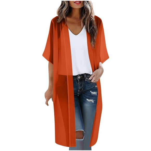 Dazajoo Cardigans Longs Doux pour Femmes Grande Taille Kimono Chic Décontracté pour l'Été Cardigan à Manches Courtes Fluide Coupe Ample Couvre-Maillots de Plage Centres de Villégiature Maillots de Bain Orange,P