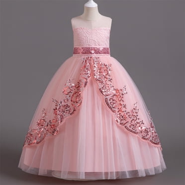 VKOYWKM Flower Girl Dress for Wedding Cake Dress Sleeveless Sequin Tulle Long Pageant Princess Dress formal Evening Party Prom Ball Gowns