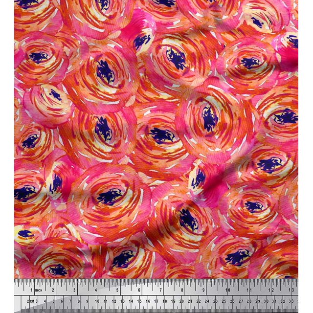 Soimoi Orange polyester Crepe Fabric Watercolor Floral Print Sewing Fabric BTY 52 Inch Wide