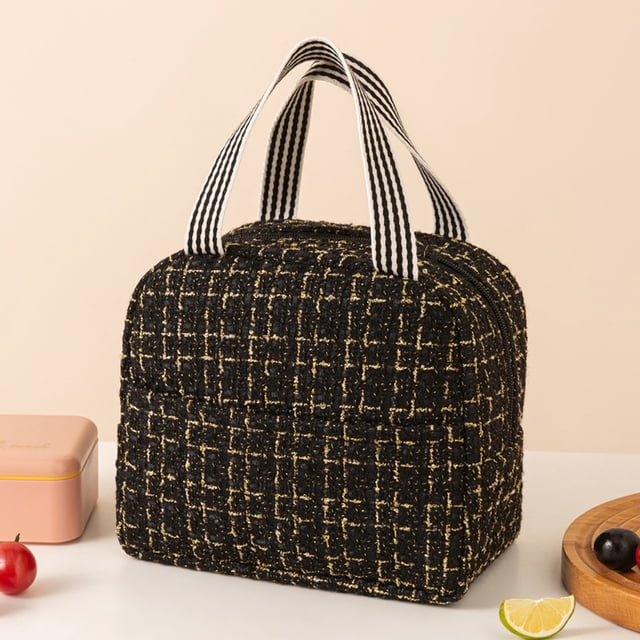 Teacher Lunch Bag Kids Lunch Bags, Lunch Totes for Women Insulated, Mens Insulated Lunch Bag, Cute Lunch Bags Cooling Lunch Bag in black with a textured design and striped handles. This insulated and portable lunch tote offers large capacity for lunch boxes, drinks, fruit, and other essentials, making it ideal for work, travel, picnics, and outdoor activities.