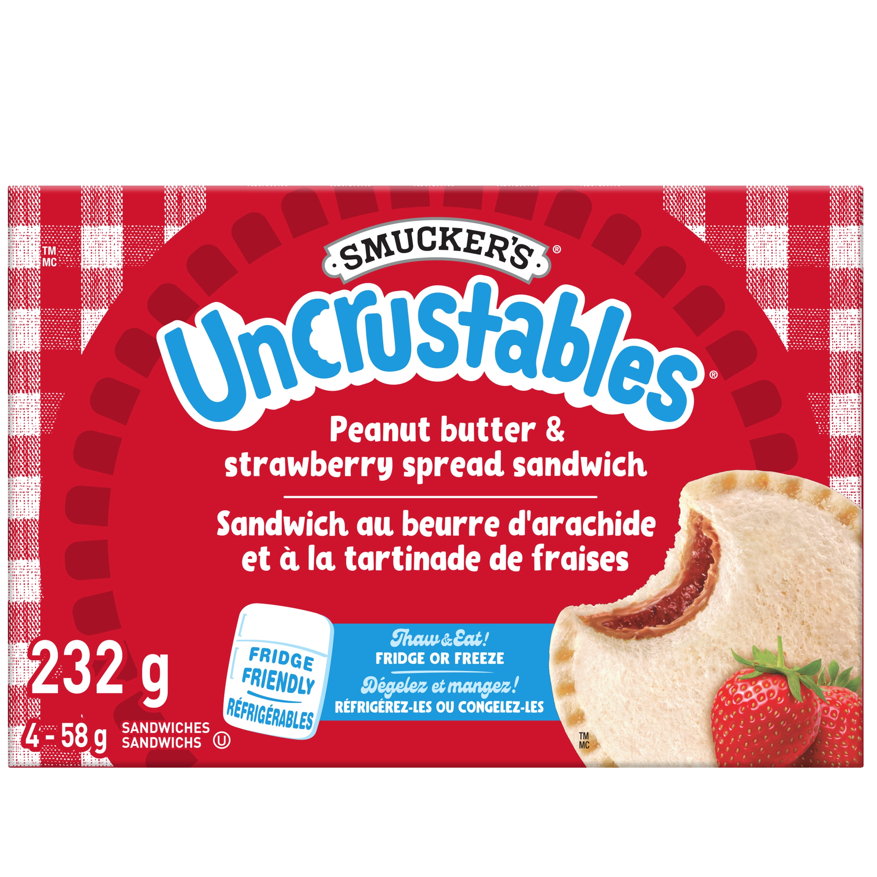 Smucker's Uncrustables Peanut Butter and Strawberry Spread Sandwich, Frozen, 58g, Pack of 4