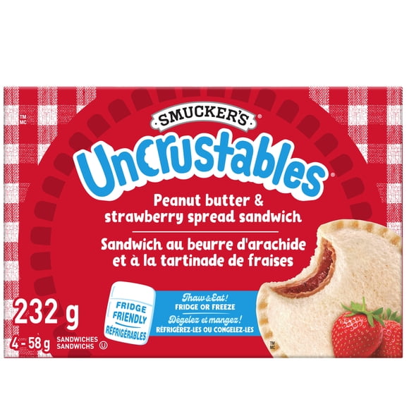 Smucker's Uncrustables Peanut Butter and Strawberry Spread Sandwich, Frozen, 58g, Pack of 4
