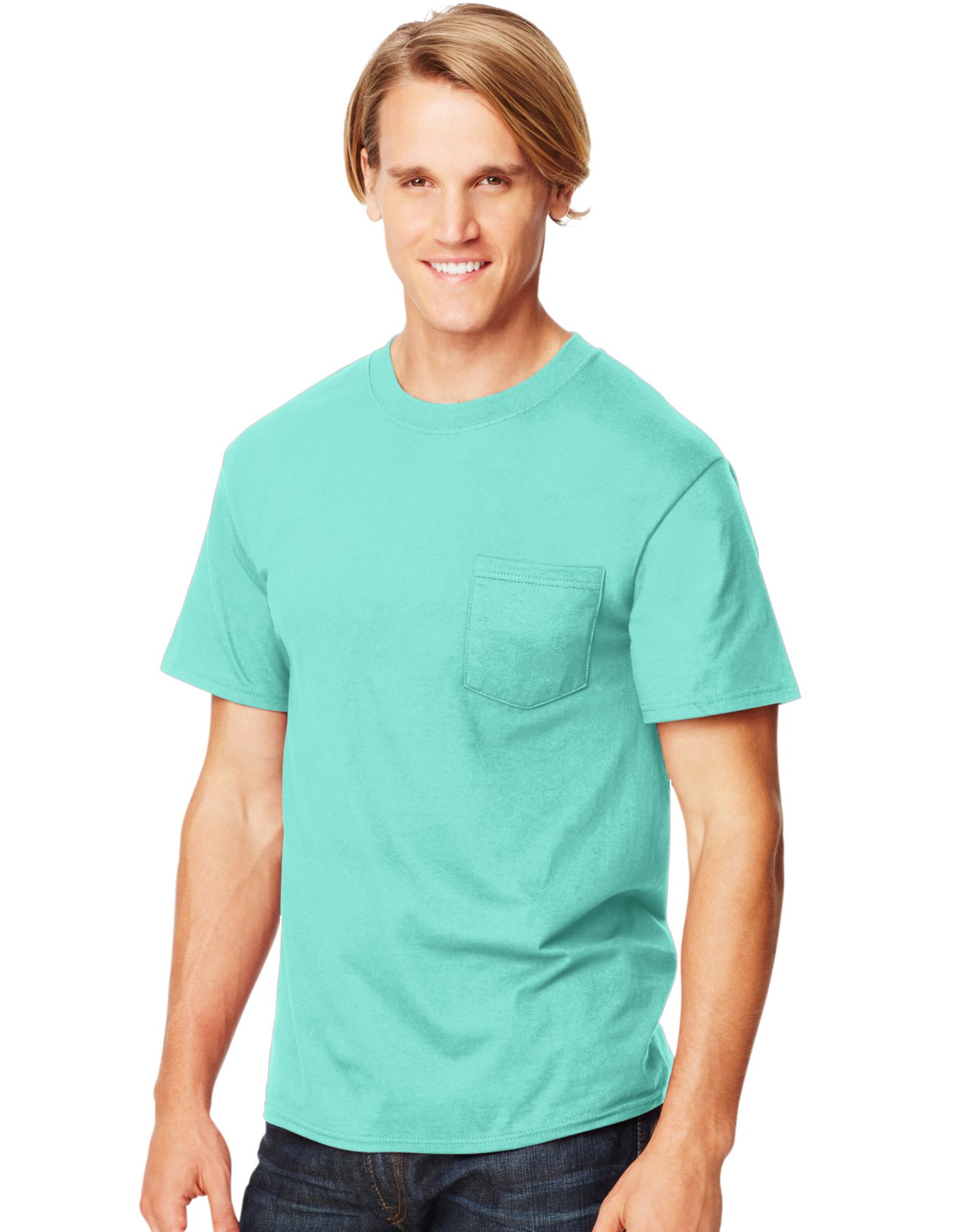 Hanes Beefy-T Men`s Pocket T-Shirt, L, Clean Mint