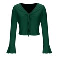 thumbnail image 4 of Plebaso Women's Spring Summer Tops Crop Bell Long Sleeve Ribbed Shirts V Neck Drawstring Casual Knit Tee, 4 of 6