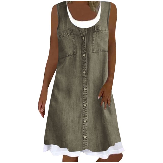 FAIWAD Robe Boutonnée pour Femmes Col Ras du Cou Sans Manches Robe Trapèze Filles Été Décontractée Ample Midi Robe d'Été
