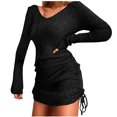 thumbnail image 2 of CEHVOM Women Pullover Long Sleeve Autumn Solid Casual V Neck Sweatshirt Drawstring Dress, 2 of 5