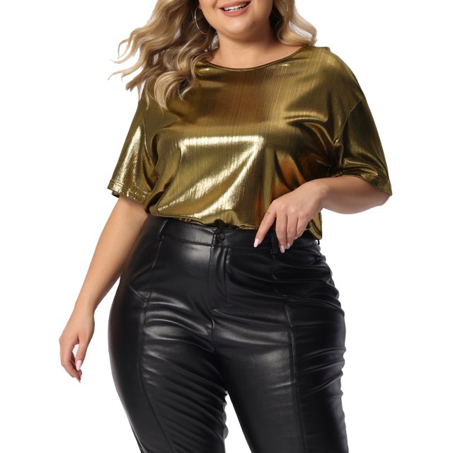 GRACE & GRANDEUR Haut Grande Taille pour Femmes Métallisé Col Rond Manches Courtes T-Shirt Chemisiers de Fête Tee Hauts