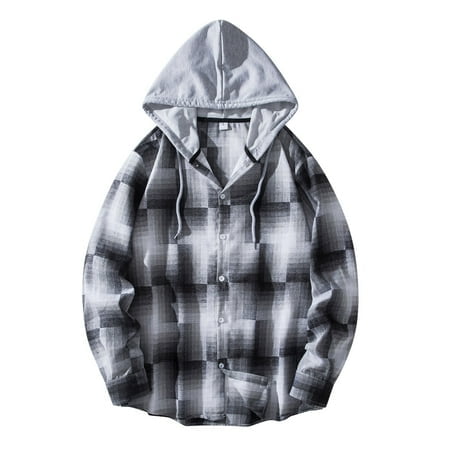 PMUYBHF Male Flannel Shirt for Men 3Xl Men Autumn and Winter Casual Shirt Plaid Print Hooded Collar Long Sleeve Shirt Blouse