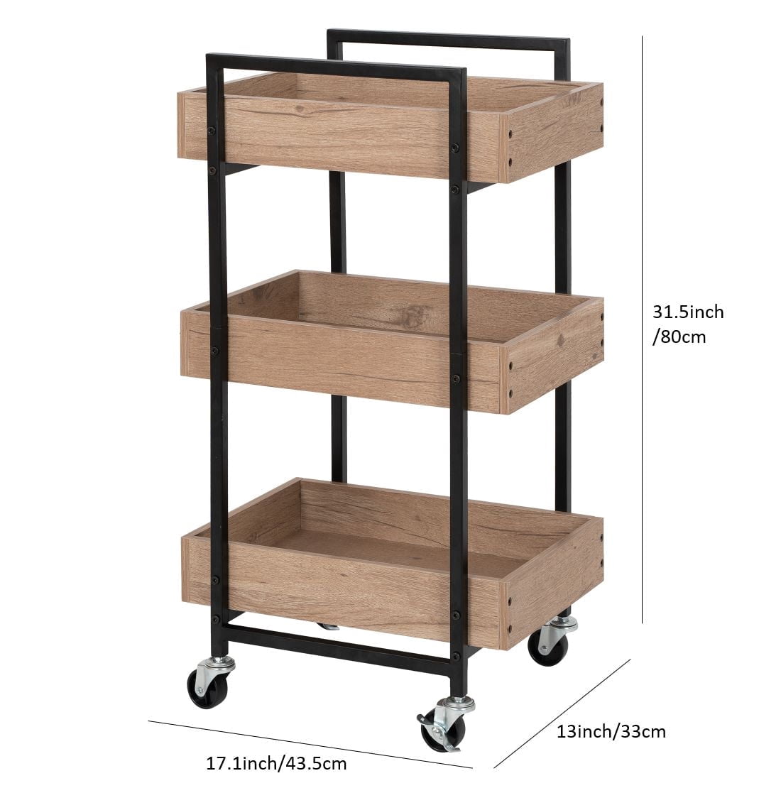 Better Homes & Gardens 3-Tier bois et acier rouler chariot utilitaire; Cadre en métal Durable; Chêne naturel et finition métal noir