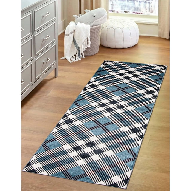 ECARPET Washable Plaid Area Rug & Runner for Kitchen, Bedside, Living Room, Hallway with a low-pile, stain-resistant polyester surface in an abstract aqua, black, white, and red plaid pattern on a wood floor beside a gray dresser, a woven basket holding a white fringed throw and a gray shark plush, and a white leather pouf near a window, suitable for high-traffic areas.