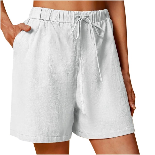 Mrat Cotton Linen Shorts for Woman Drawstring Elastic Waist Shorts Comfy Shorts 5 Inch Inseam Beach Short with Pockets S-36 White S