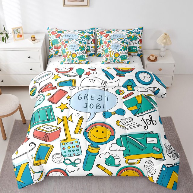 Colorful Stationery Painting Bed in a Bag Full 7 Pieces,Notebook Pen Comforter Set Reversible Kids Back to School Design,Ultra Soft & Breathable Bedding Sets with Comforter,Sheets,Pillowcases & Shams